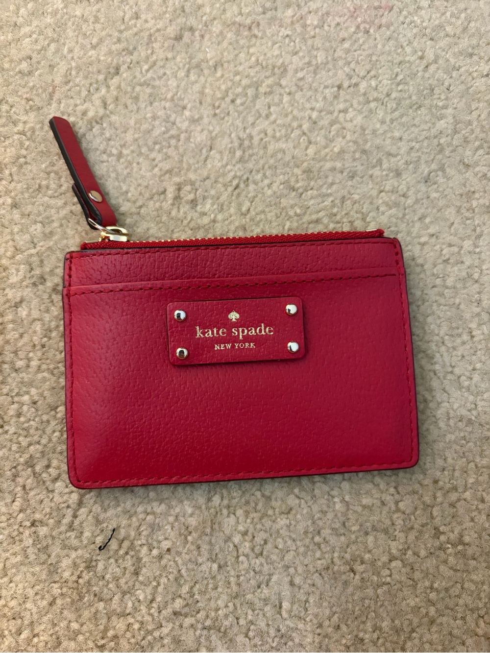 kate spade red leather zip card case with logo plaque